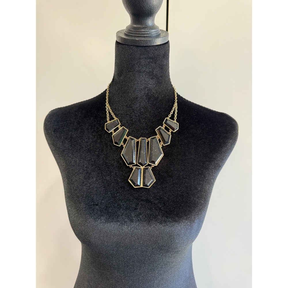 Gold Tone Geometric Bib Statement Necklace Black Glitter Resin Stones